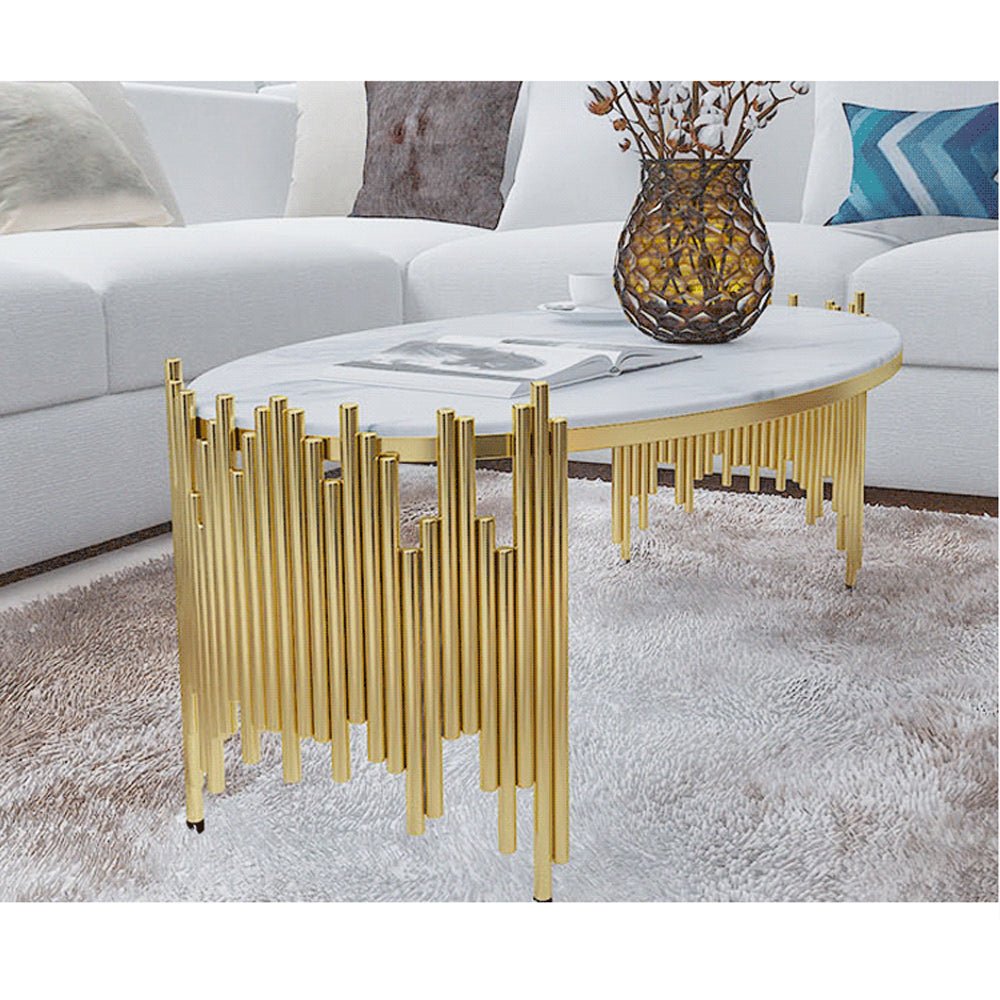 Modern Living Room Oval Coffee Table with Metal Frame & Faux Marble Top