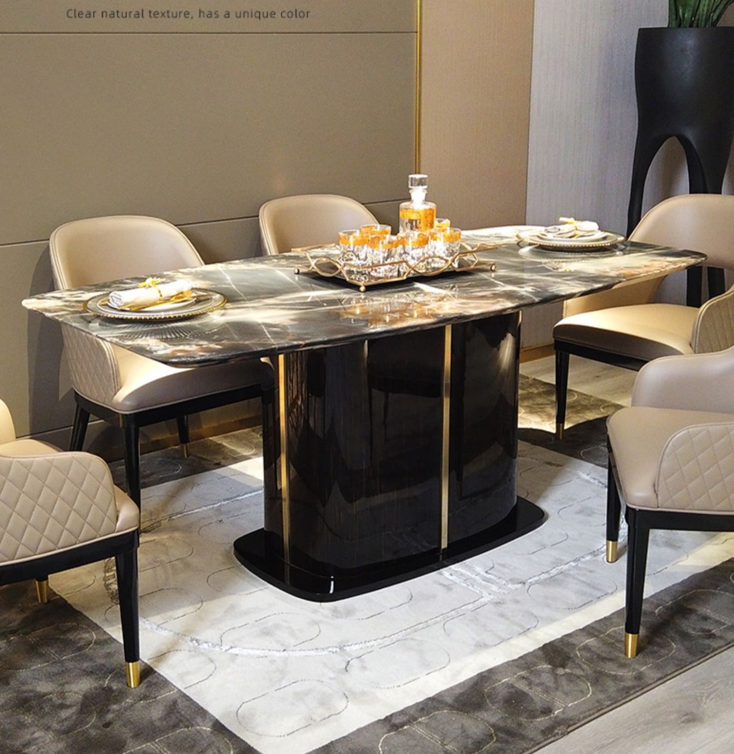 Contemporary Design Geometry Rectangle Large Dining Table in Gold with White Faux Marble Top2