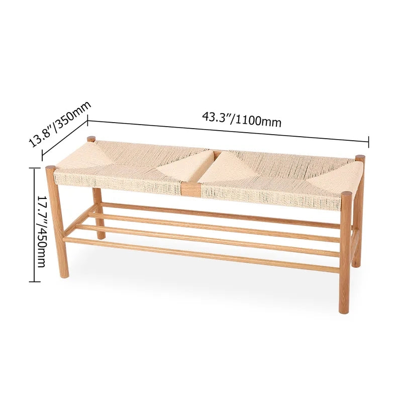 Japandi Natural Dining Room Bench Rattan Bench with Wood Legs