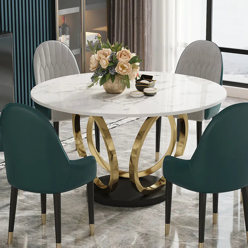 Modern 53" Round White Dining Table for 6 Person Faux Marble Top Gold & Black Pedestal