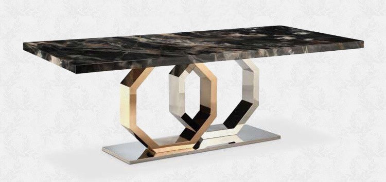 Contemporary Italy design Rectangular Dining Table stone Top Double Pedestal Titanium  in Gold and chrome