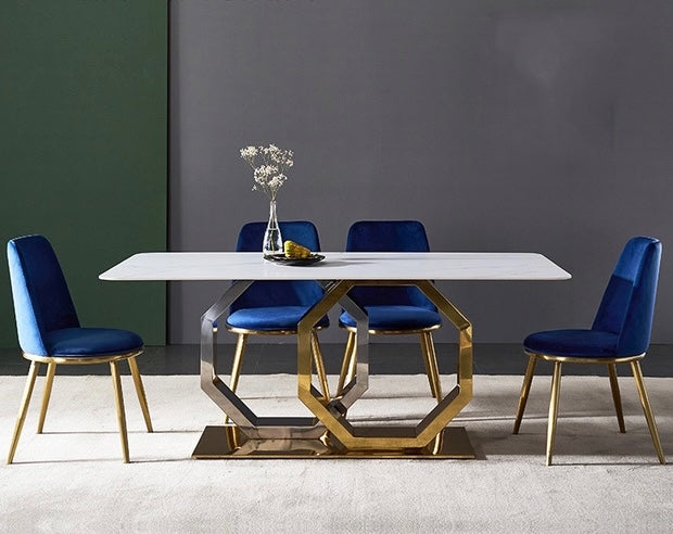 Contemporary Italy design Rectangular Dining Table stone Top Double Pedestal Titanium  in Gold and chrome