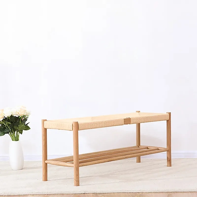 Japandi Natural Dining Room Bench Rattan Bench with Wood Legs
