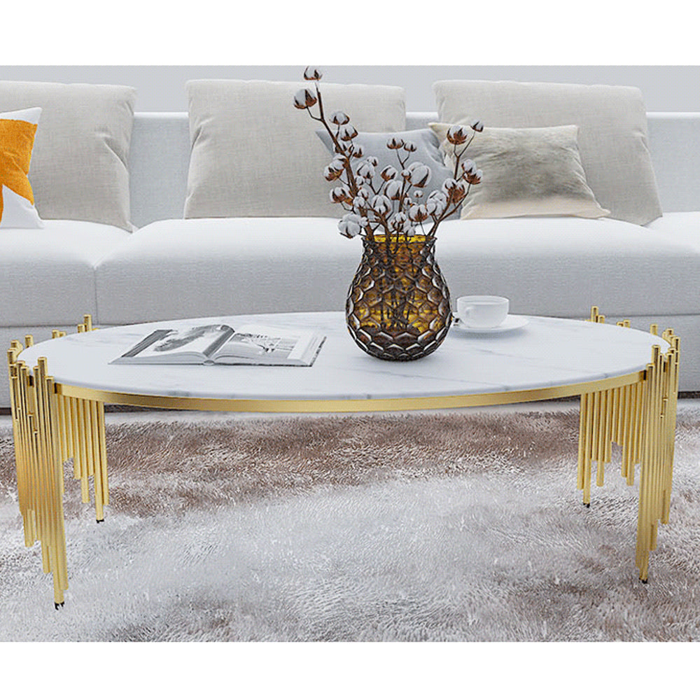 Modern Living Room Oval Coffee Table with Metal Frame & Faux Marble Top