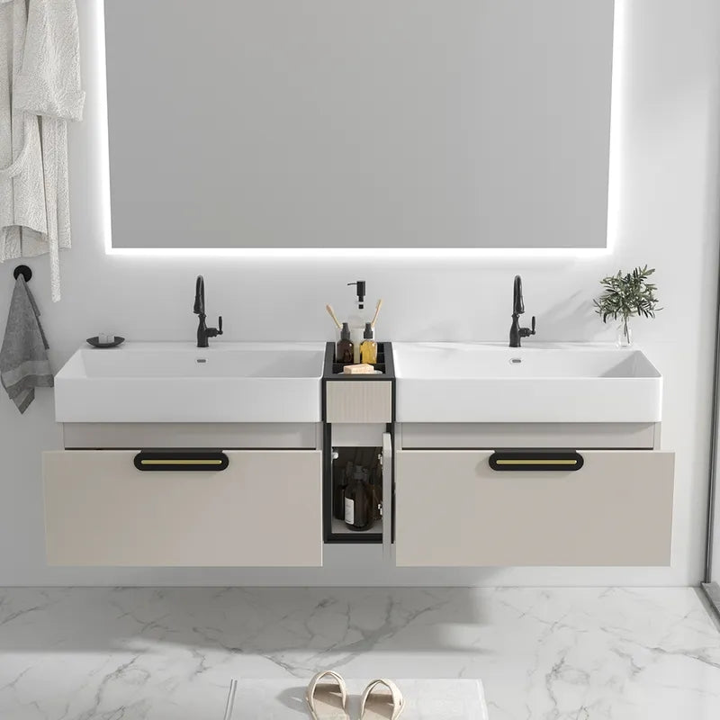 Modern 63" Floating Bathroom Vanity Set Wall Mounted Double Sink Vanity in Beige