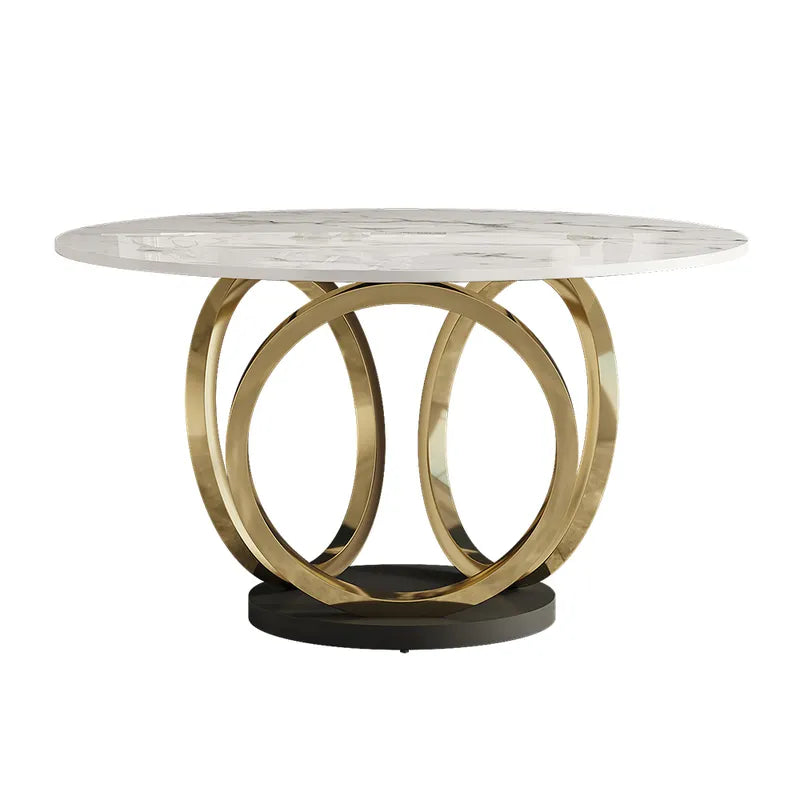 Modern 53" Round White Dining Table for 6 Person Faux Marble Top Gold & Black Pedestal