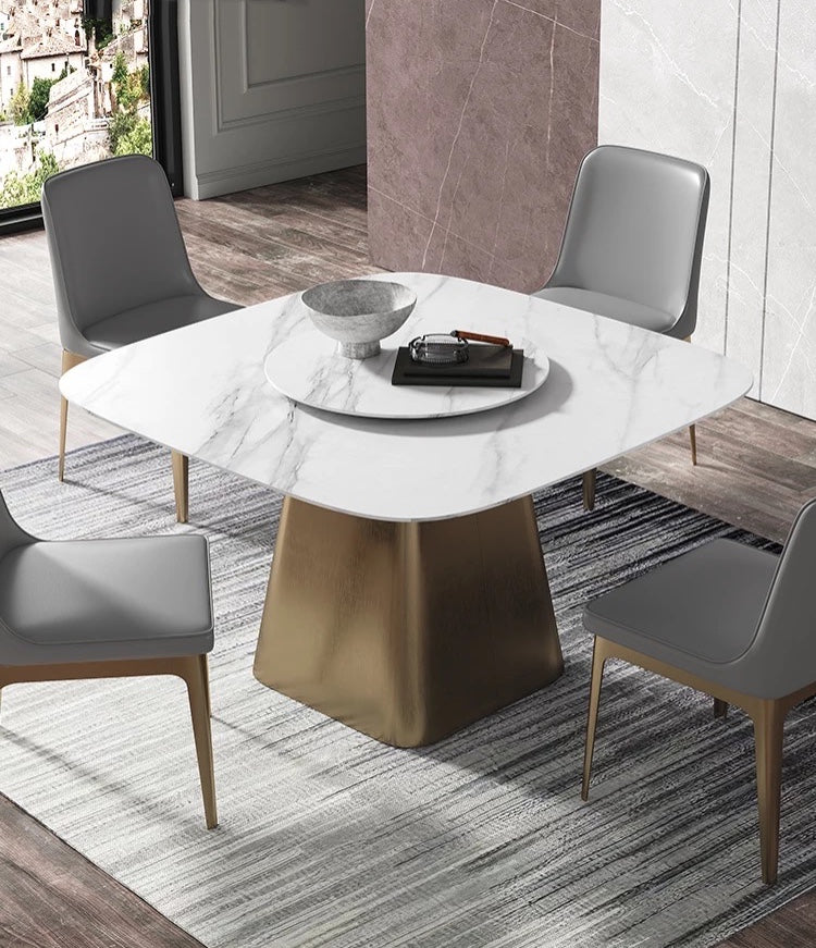 Contemporary Square Dining Table with Stone Top & Carbon Steel Base