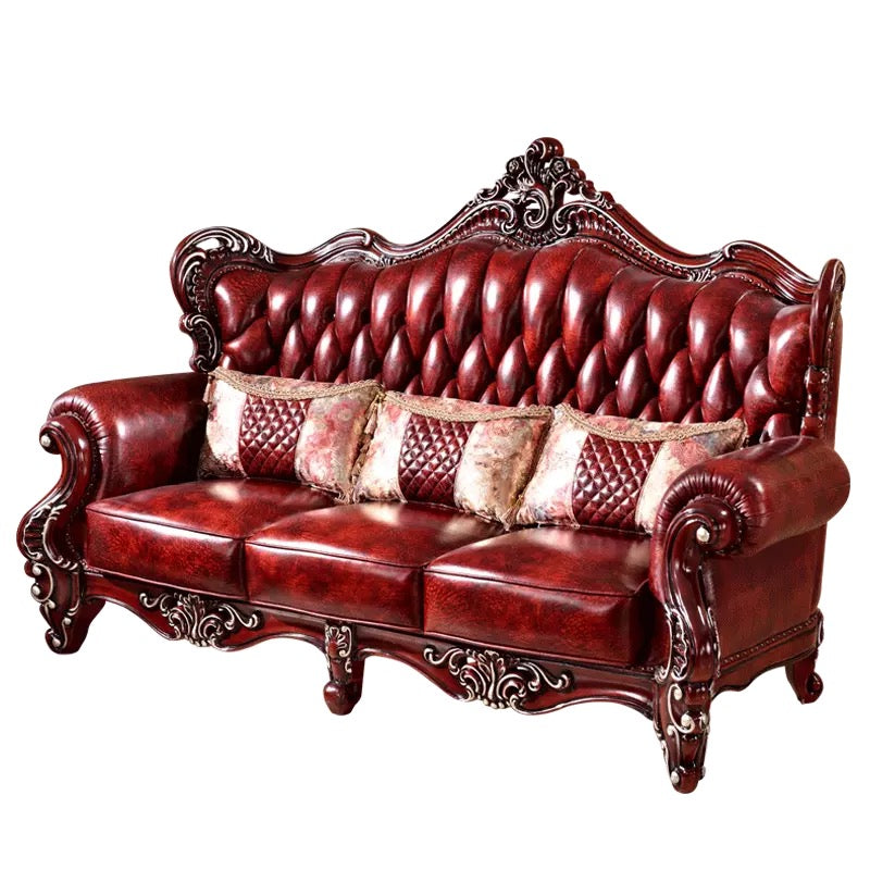 New European-style leather sofa, living room combination, full-solid wood, double-sided carved head layer, cowhide, large household, American-style furniture