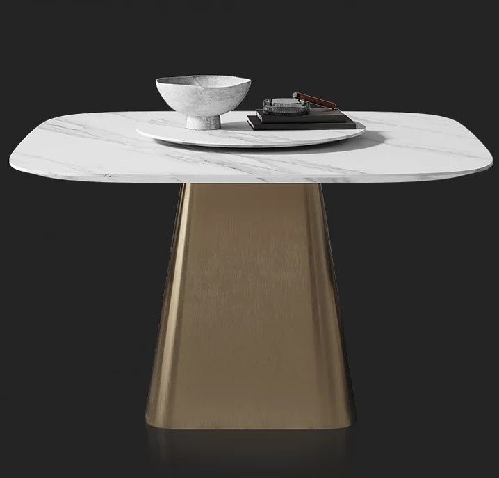 Contemporary Square Dining Table with Stone Top & Carbon Steel Base