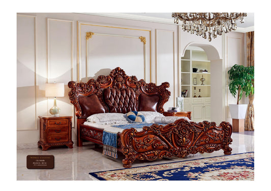 American style leather bed, full solid wood king bed, high-end master bedroom wedding bed, villa, luxury double bed, soft bag, carved leather art bed