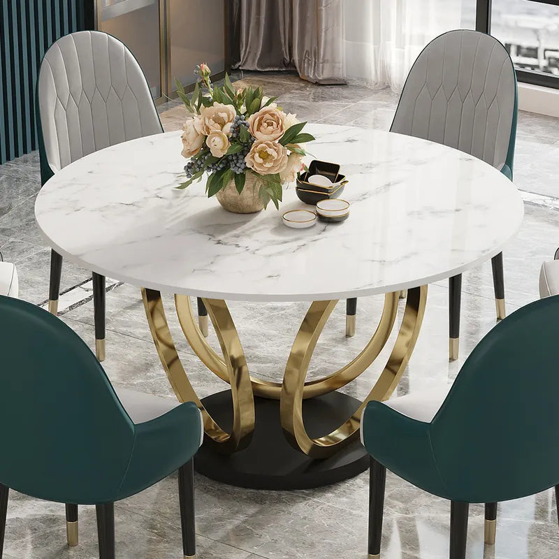 Modern 53" Round White Dining Table for 6 Person Faux Marble Top Gold & Black Pedestal