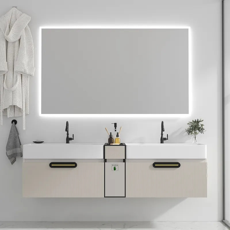 Modern 63" Floating Bathroom Vanity Set Wall Mounted Double Sink Vanity in Beige