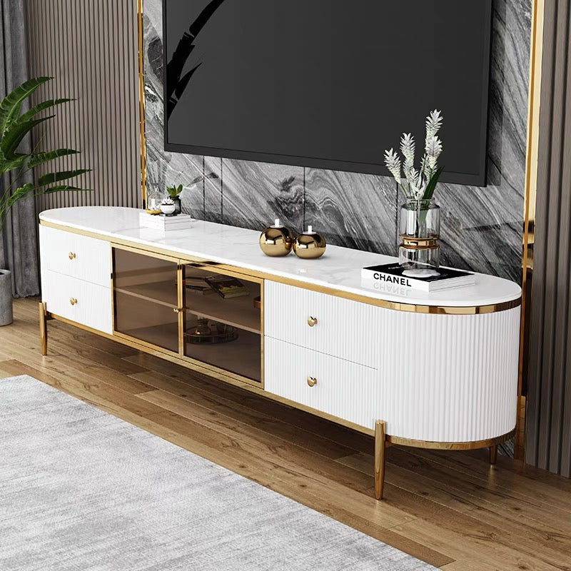 Contemporary off White TV Stand  Luxury Tempered Glass Doors Media Console