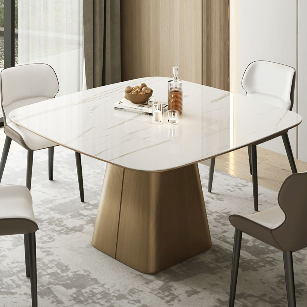 Contemporary Square Dining Table with Stone Top & Carbon Steel Base