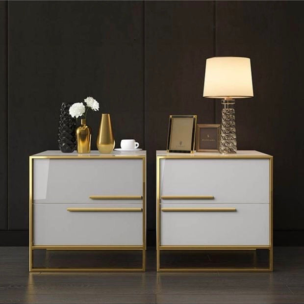 Contemporary Italy Design  2 Drawer White Lacquer Nightstand In Gold  Stainless Steel Base