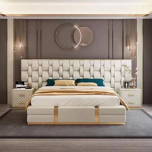 Italian luxury leather bed Post-modern Hong Kong-style king master bed Double leather bed American modern leather bed