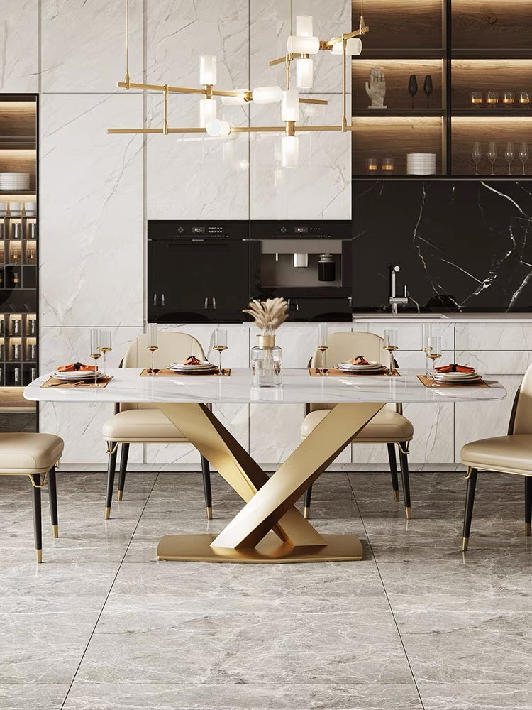 Contemporary Design Geometry Rectangular Large Dining Table in Gold with Sintered Stone Top