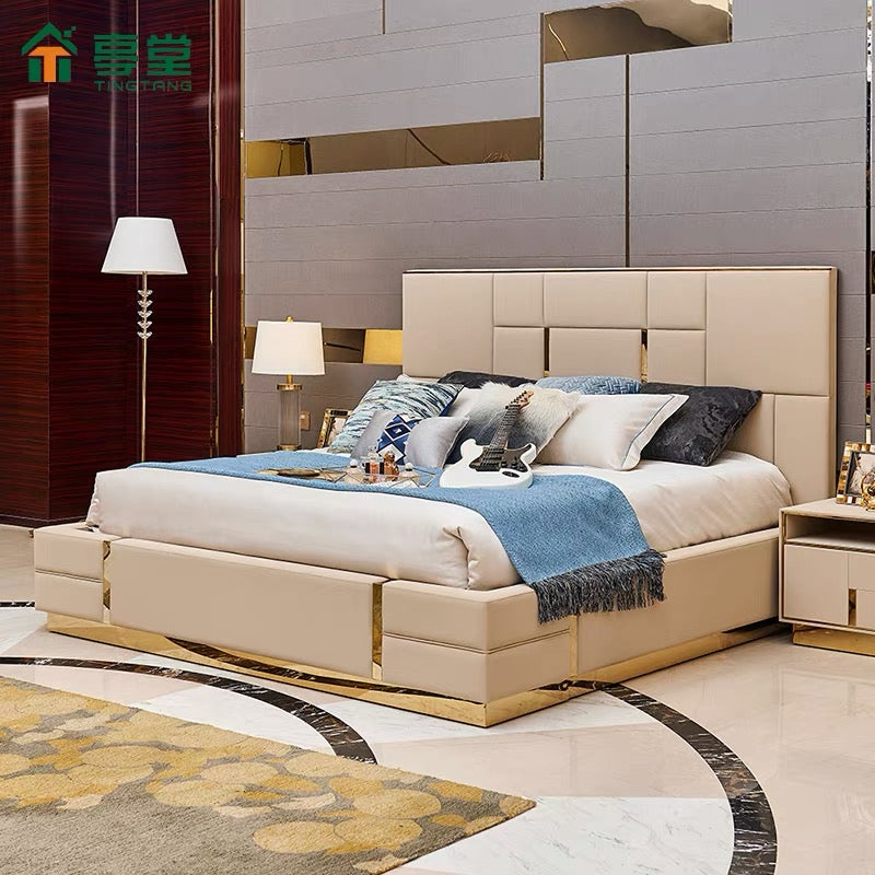 Post-modern light luxury bed, double leather, simple, Hong Kong-style, elegant, ins-net red master bedroom furniture