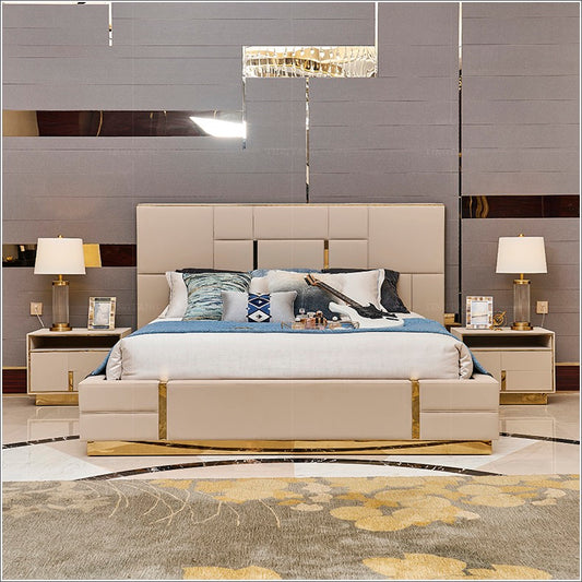 Post-modern light luxury bed, double leather, simple, Hong Kong-style, elegant, ins-net red master bedroom furniture