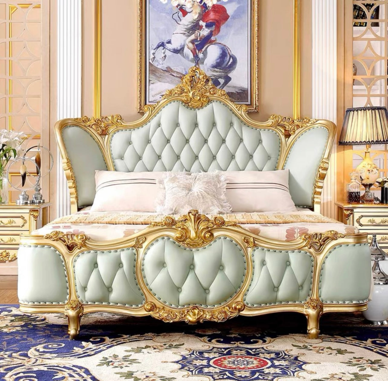 Golden solid wood bed frame Beautiful European furniture