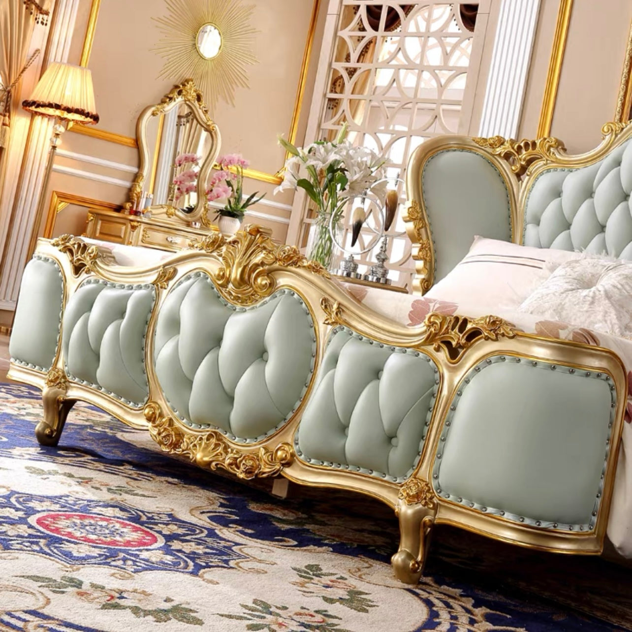 Golden solid wood bed frame Beautiful European furniture