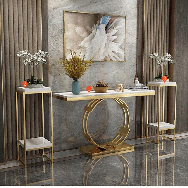 Marble Top Console Table with, Circular design Gold