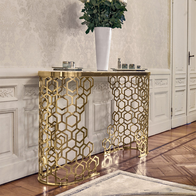 Metal Console Table with Marble Top, Gold