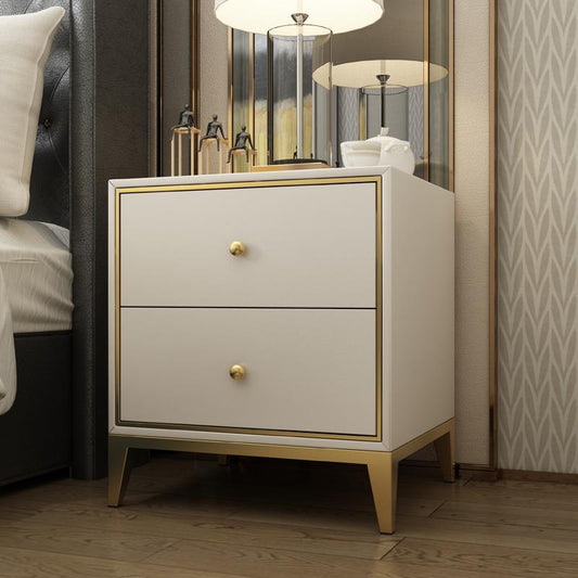 Modern Nightstand Side Table with 2 Drawers, White & Gold