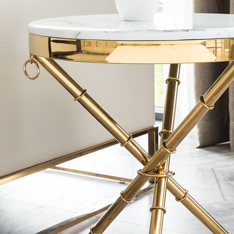 Modern Nightstand - Marble Side Table -End Table with Metal Frame and Golden Ring