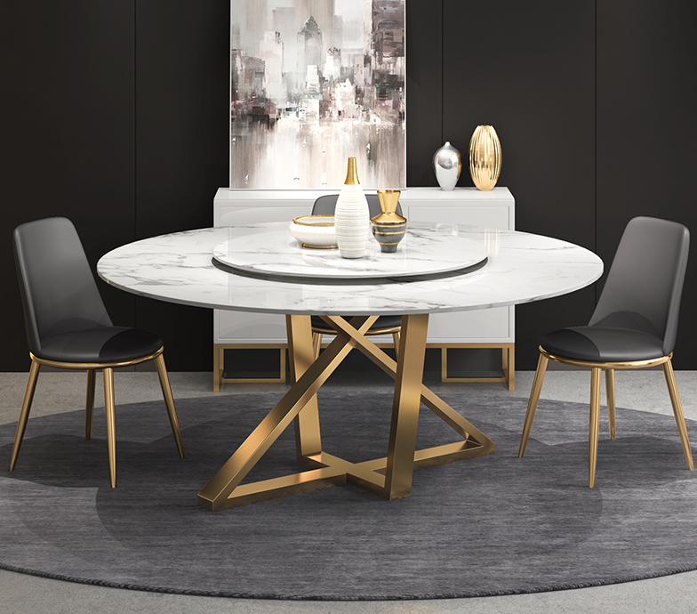 Contemporary Design  Round Dining Table Modern White Faux Marble Top with /without  Lazy Susan +Stainless Steel Gold Legs