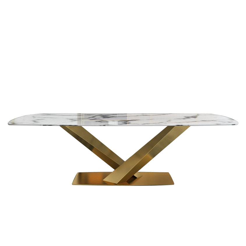 Contemporary Design Geometry Rectangular Large Dining Table in Gold with White Faux Marble Top