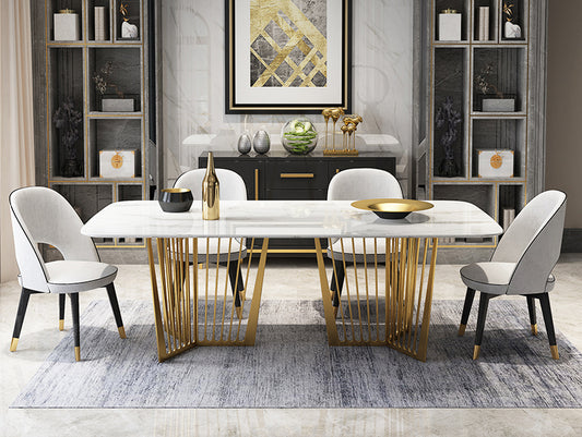 Contemporary Design Rectangle  Large Dining Table in Gold with White Faux Marble Top
