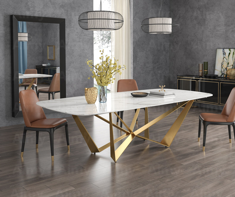 Contemporary Design Geometry  Rectangle Large Dining Table in Gold with White Faux Marble Top