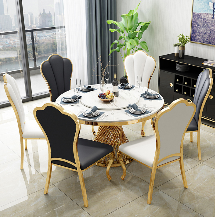 Contemporary Design  Geometry Round Dining Table Modern White Faux Marble Top with /without  Lazy Susan +Stainless Steel Gold Legs