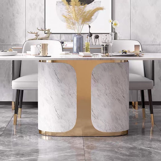 Contemporary Design Geometry Rectangle Large Dining Table in Gold with White Faux Marble Top2