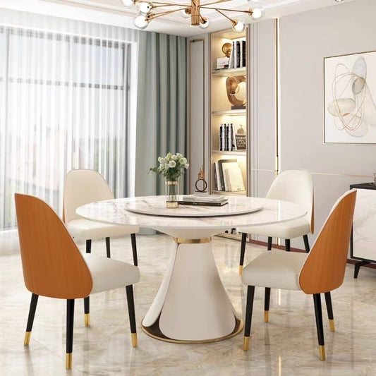 Contemporary Design Round flower shape Dining Table Modern White Rock Board  Top with /without Lazy Susan +Stainless Steel Gold base