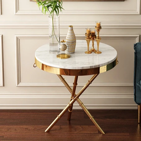 Modern Nightstand - Marble Side Table -End Table with Metal Frame and Golden Ring