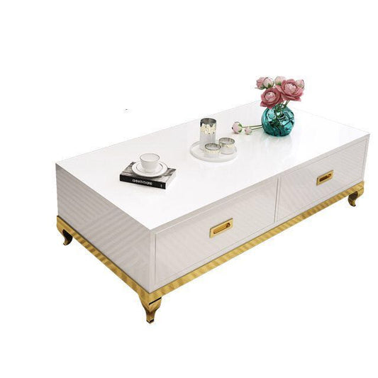 White/Black Coffee Table with Two Drawlers Gold Stainless Steel