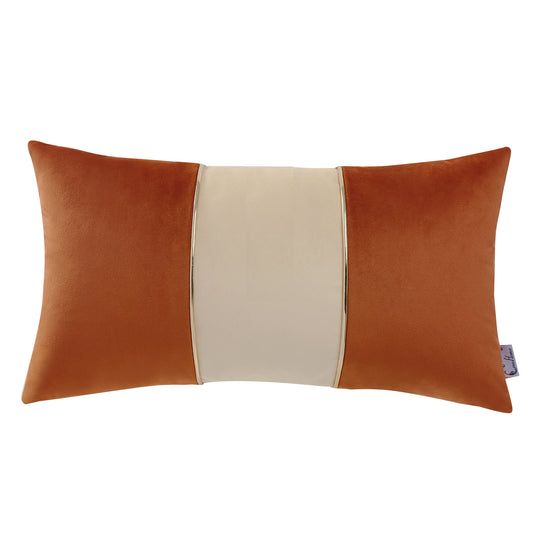 Decorative Velvet Cushion Lumbar Throw Pillow, Orange & Cream