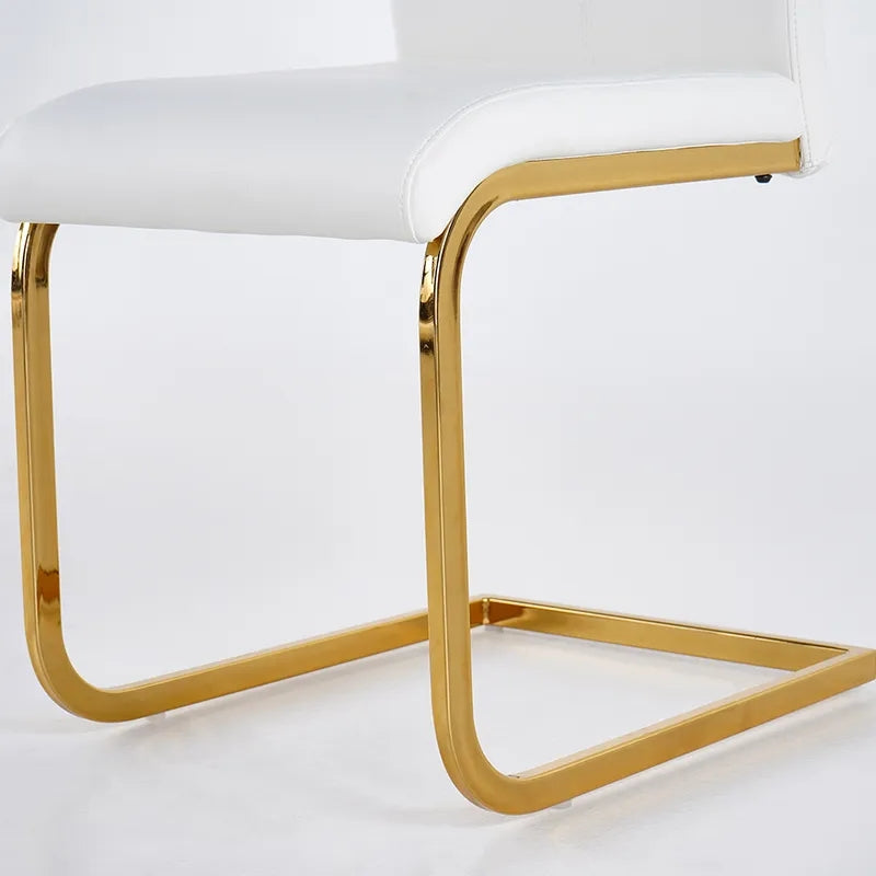 Modern Minimalist Upholstered White PU Leather Dining Chairs Set of 4 Gold Metal Base