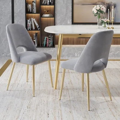 Modern Gray Upholstered Dining Chairs (Set of 2) with Hollow Back & Gold Leg