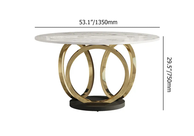 Modern 53" Round White Dining Table for 6 Person Faux Marble Top Gold & Black Pedestal