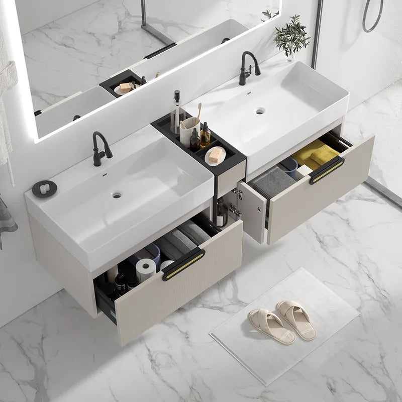 Modern 63" Floating Bathroom Vanity Set Wall Mounted Double Sink Vanity in Beige