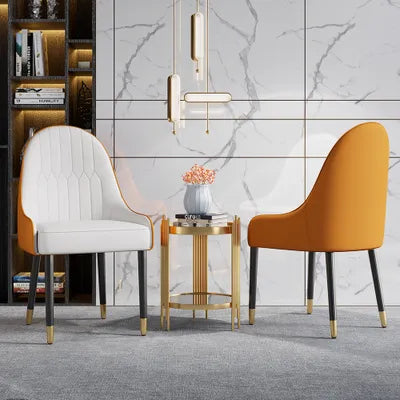 Modern PU leather (2-piece set) white and orange dining chairs with metal legs