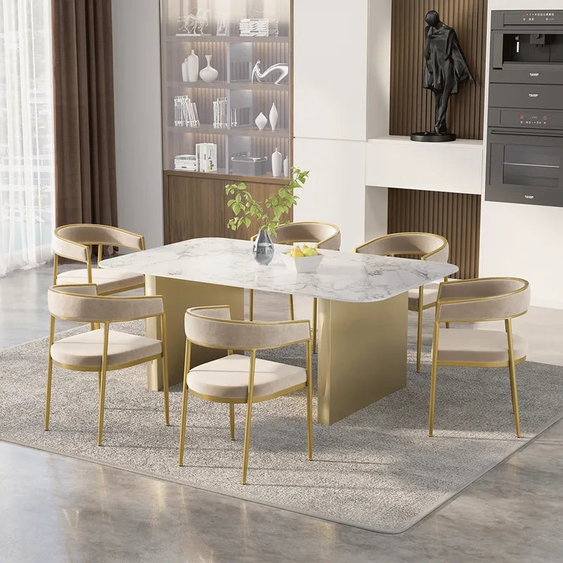 Modern Velvet Upholstered Dining Chair with Gold Metal Leg in Beige