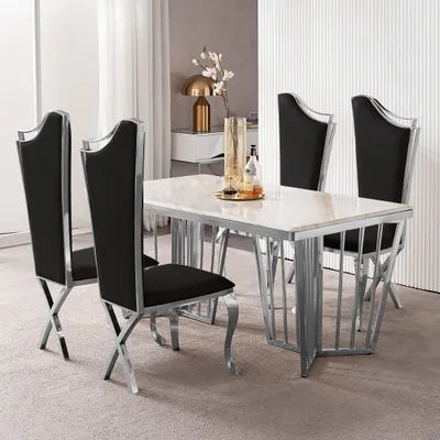 Black Upholstered Dining Chairs Set of 2 High Back Side Chair Stainless Steel Legs